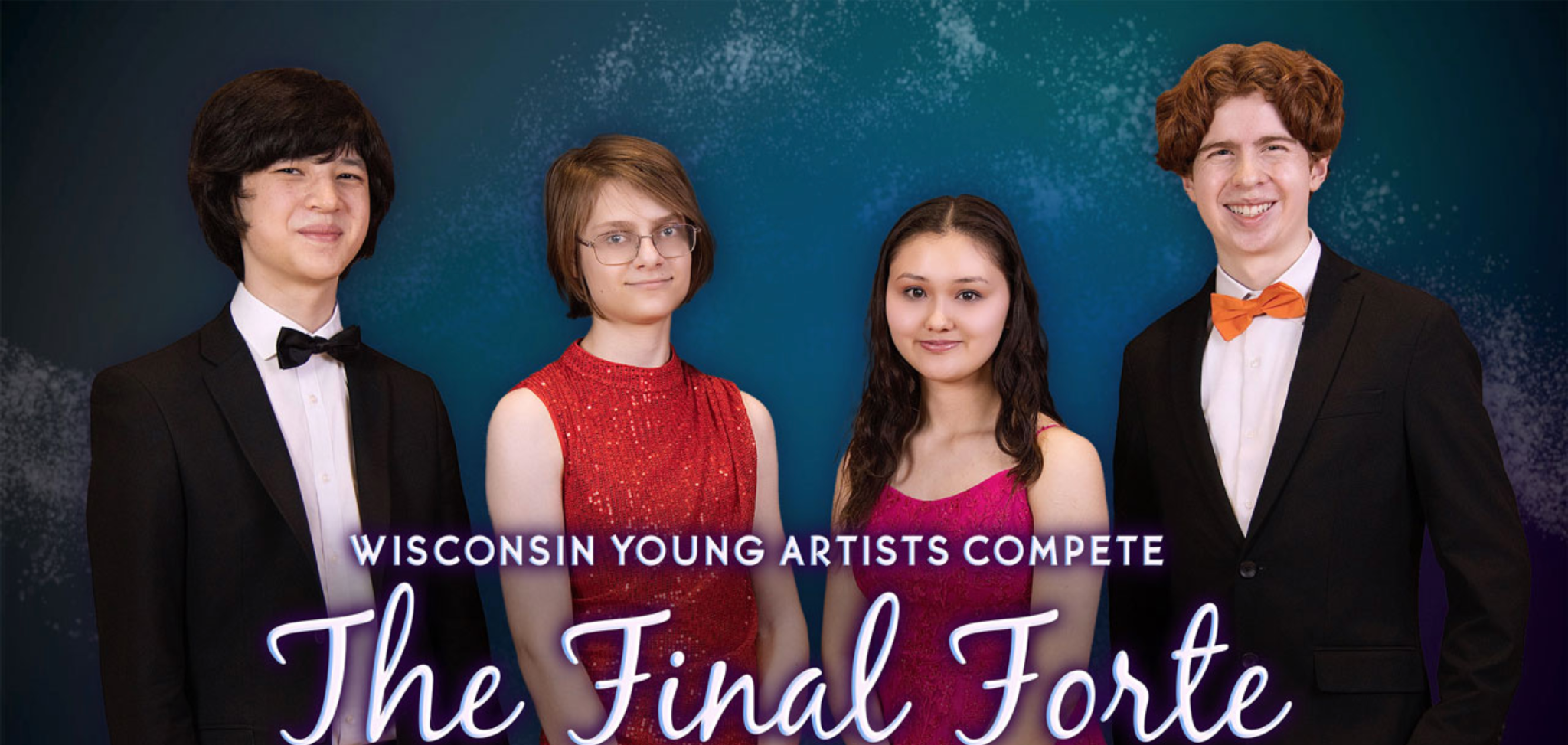 Cuatro jóvenes músicos vestidos de gala posan para una imagen promocional de «The Final Forte», un concurso para jóvenes artistas de Wisconsin.